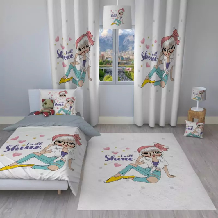 ست اتاق نوجوان روتختی ، پرده و فرشینه طرح دختر عینکی
