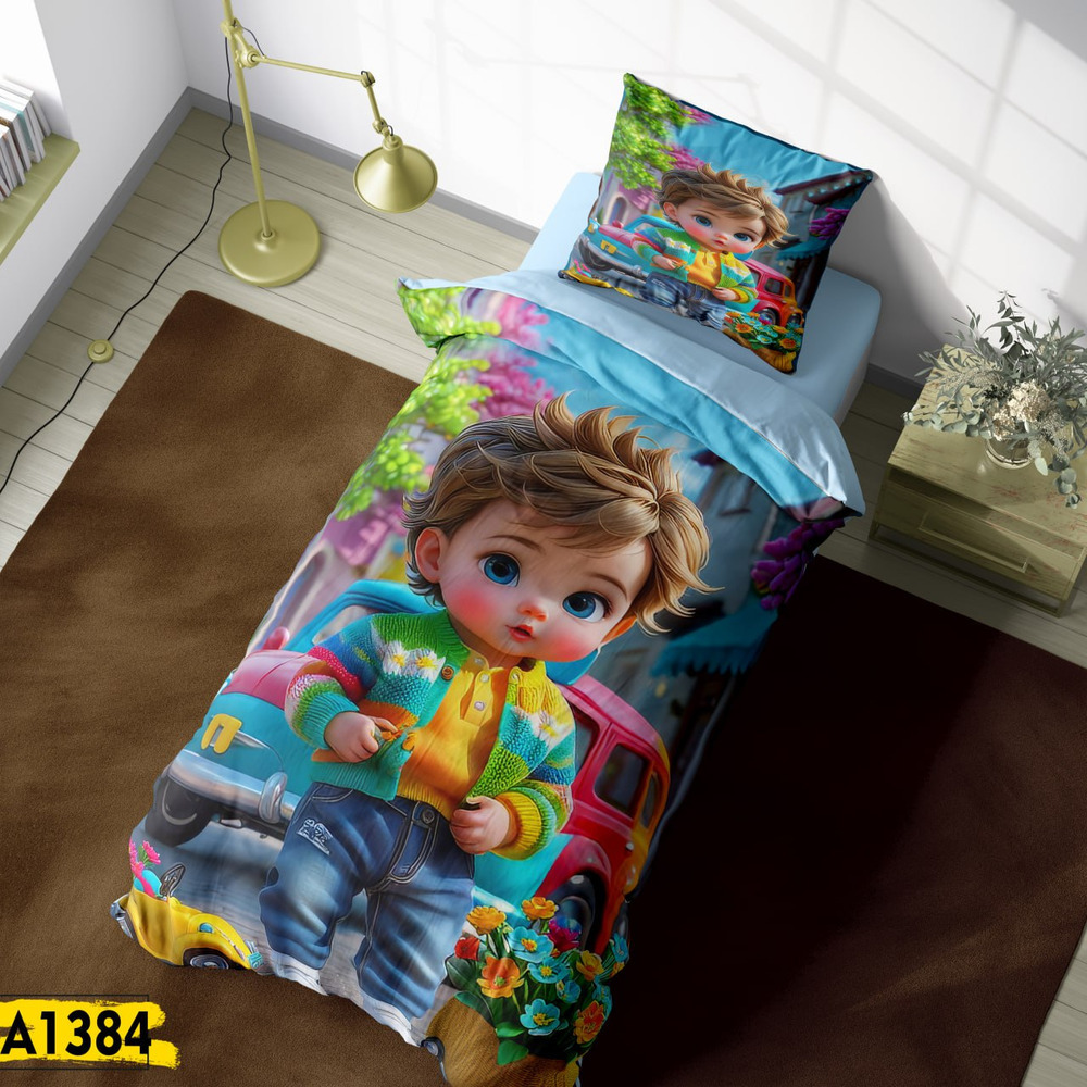 ست اتاق خواب کودک روتختی، پرده و فرشینه طرح پسرانه کد AB-1384